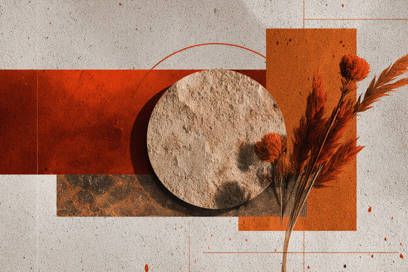 Abstrakte Zusammensetzung Geometrische Formen Orange Beige Dekorative Blumen | Collagen | Kunstgattungen