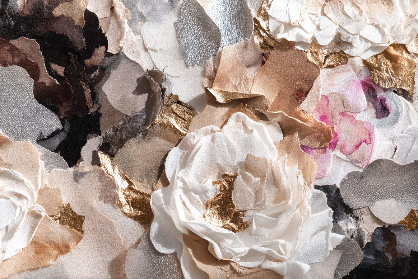 Blumen Ausschnitt Papier Stoff In Beige Weiss Gold | Collagen | Kunstgattungen