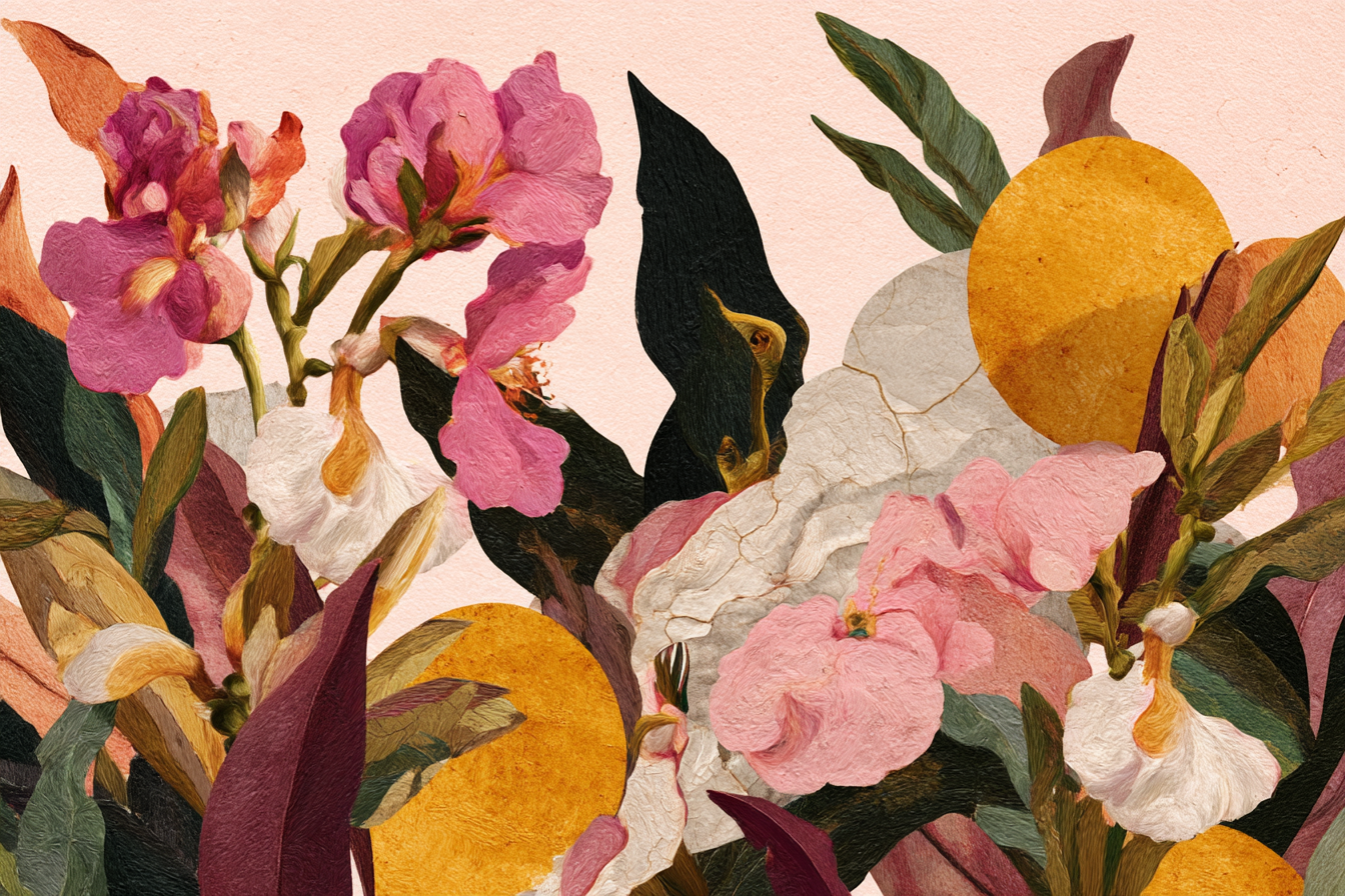 Blumen Und Blatt Anordnung Mit Rosa Hintergrund | Collagen | Kunstgattungen