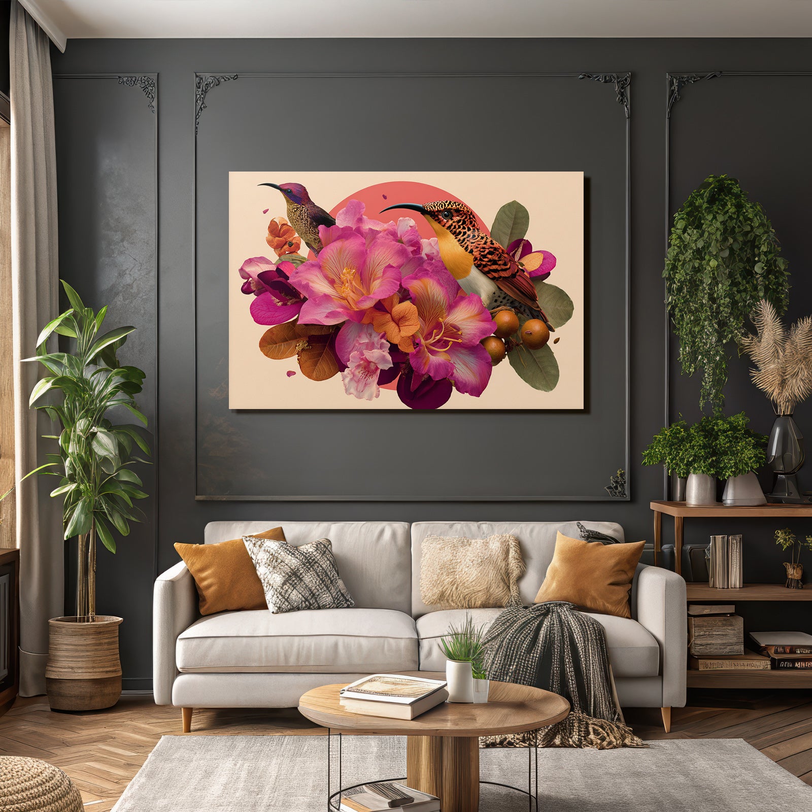 Blumen Voegel Arrangement Vibrant Farbenfroh Szenen