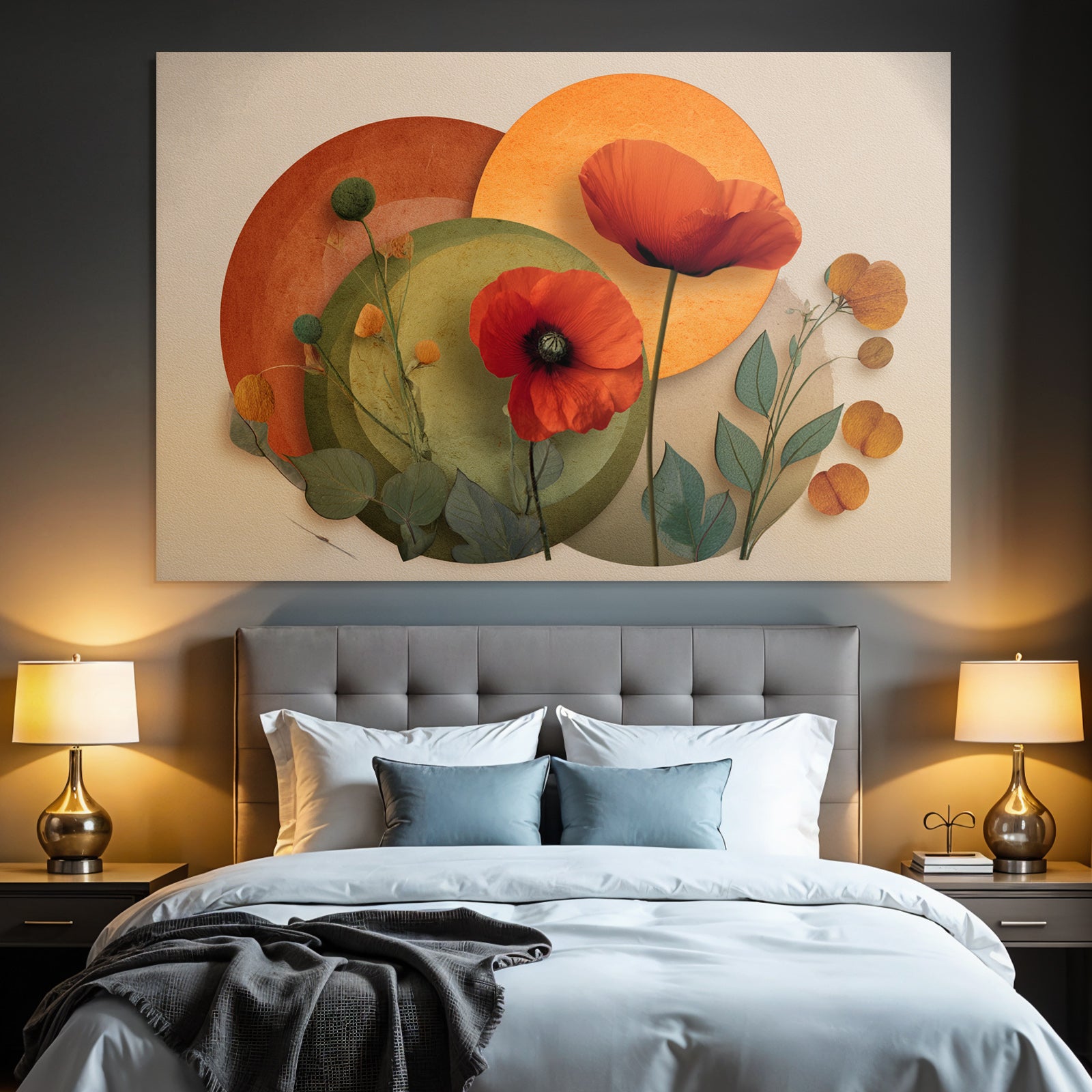 Blumige Abstrakte Composition Mit Poppies Und Kreisformen