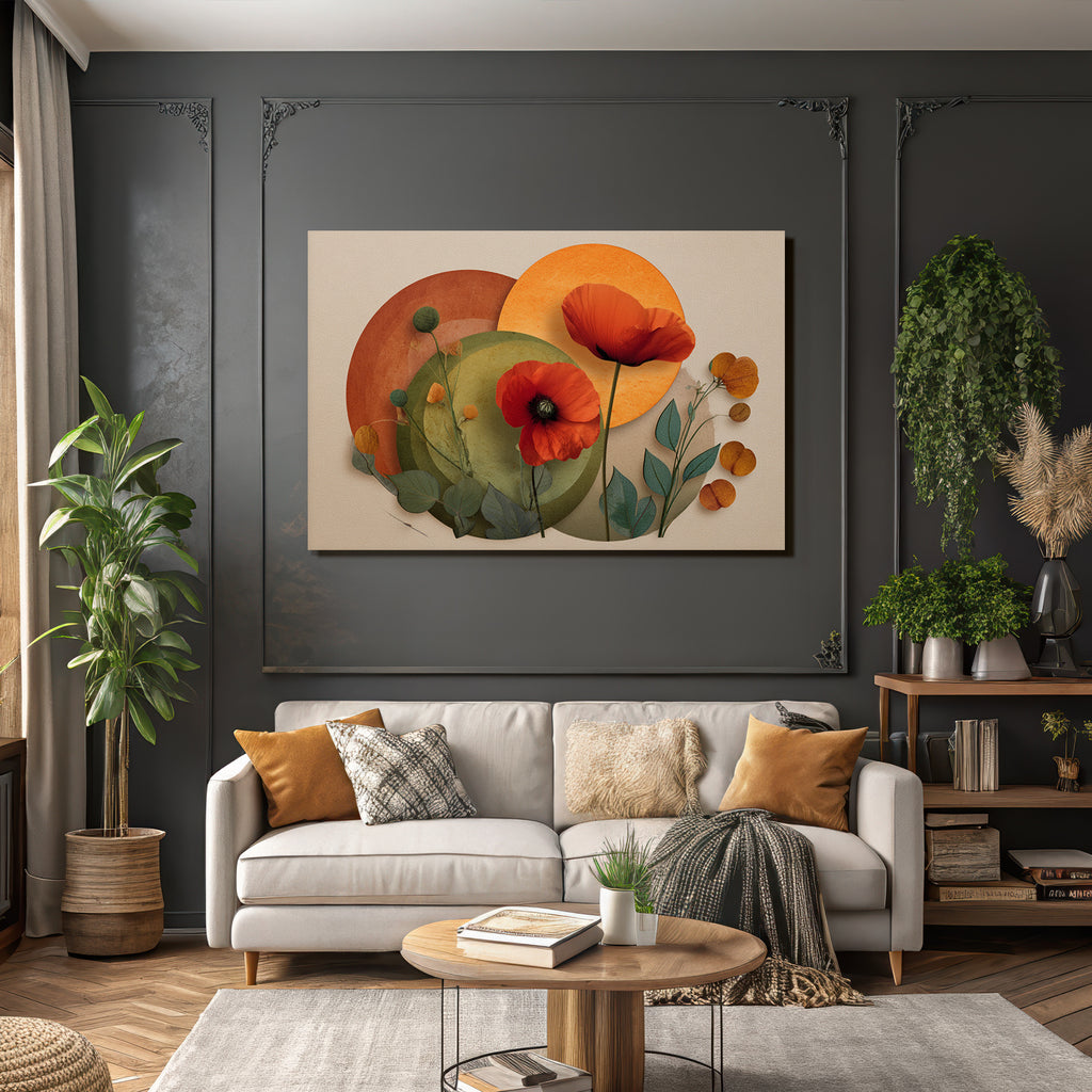 Blumige Abstrakte Composition Mit Poppies Und Kreisformen