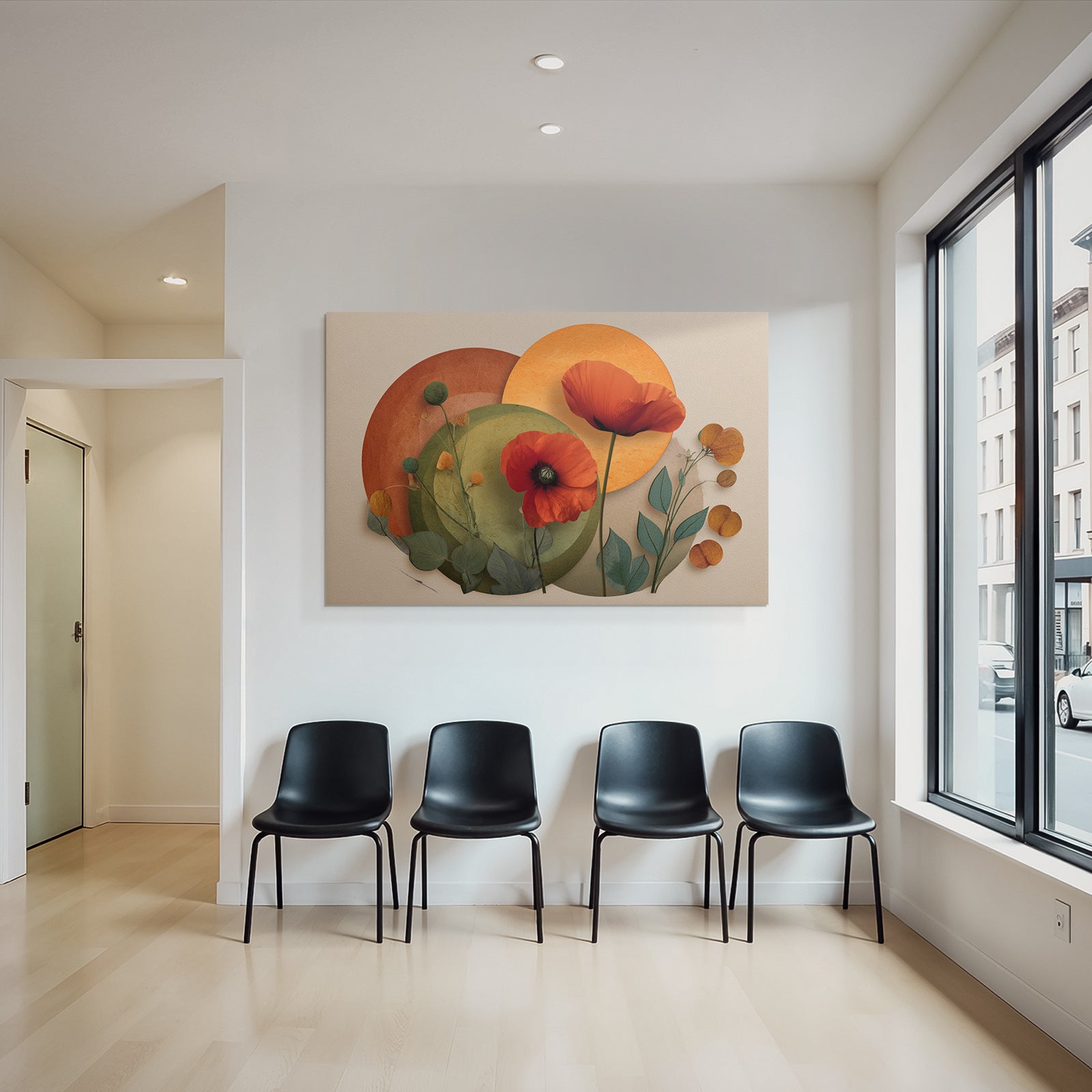 Blumige Abstrakte Composition Mit Poppies Und Kreisformen