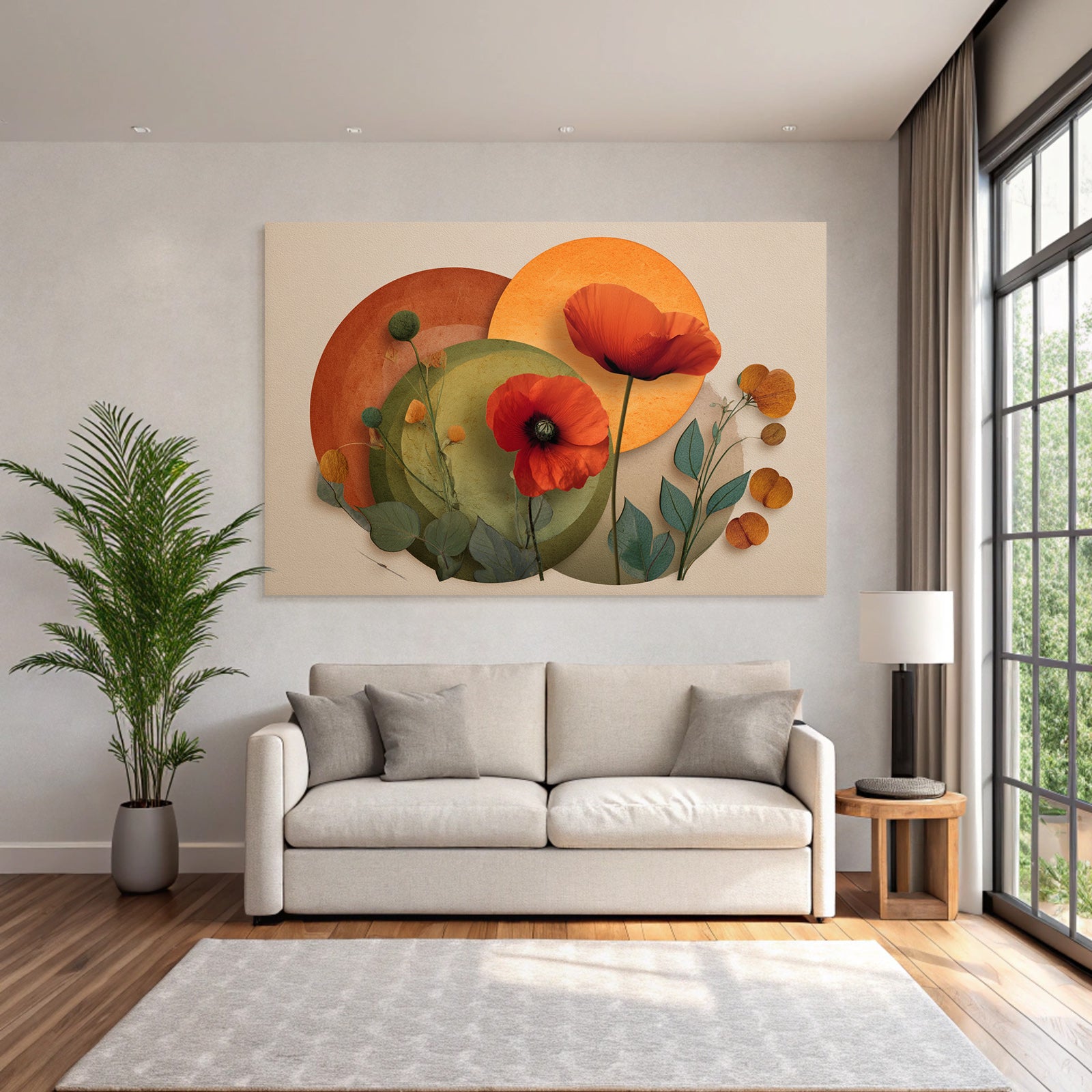 Blumige Abstrakte Composition Mit Poppies Und Kreisformen