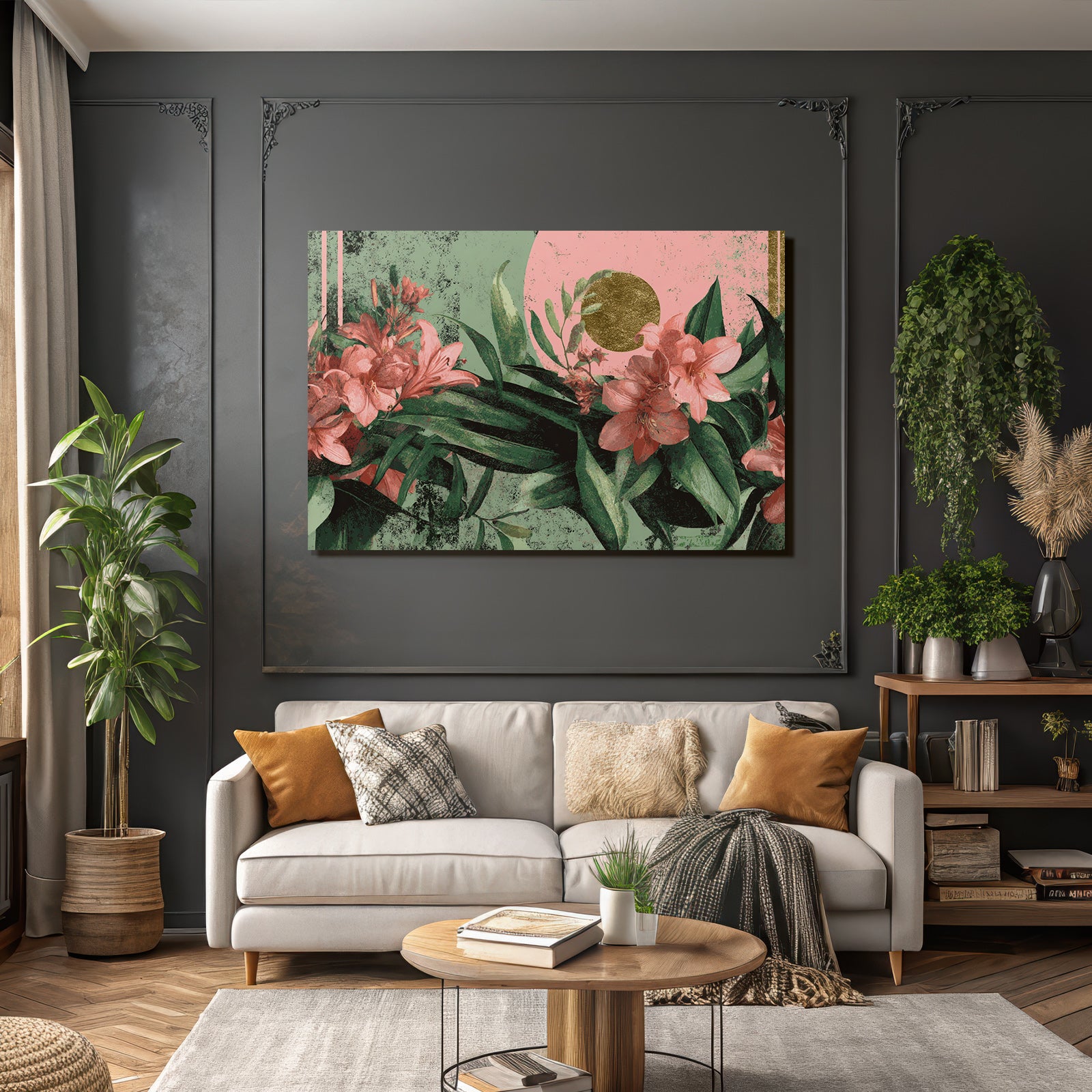 Blumige Illustration Mit Farbigen Blumen Und Blaettern Moderner Hintergrund
