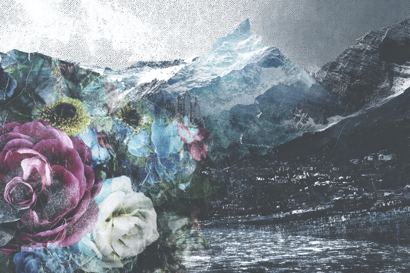 Blumige Landschaft Mit Bergen Und Himmel | Collagen | Kunstgattungen
