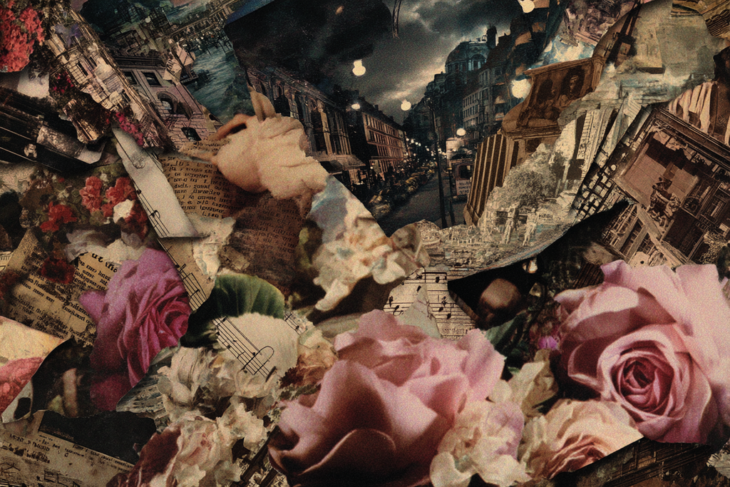 Blumige Nostalgie Collage Mit Fotografien Musik Noten Architektur | Collagen | Kunstgattungen