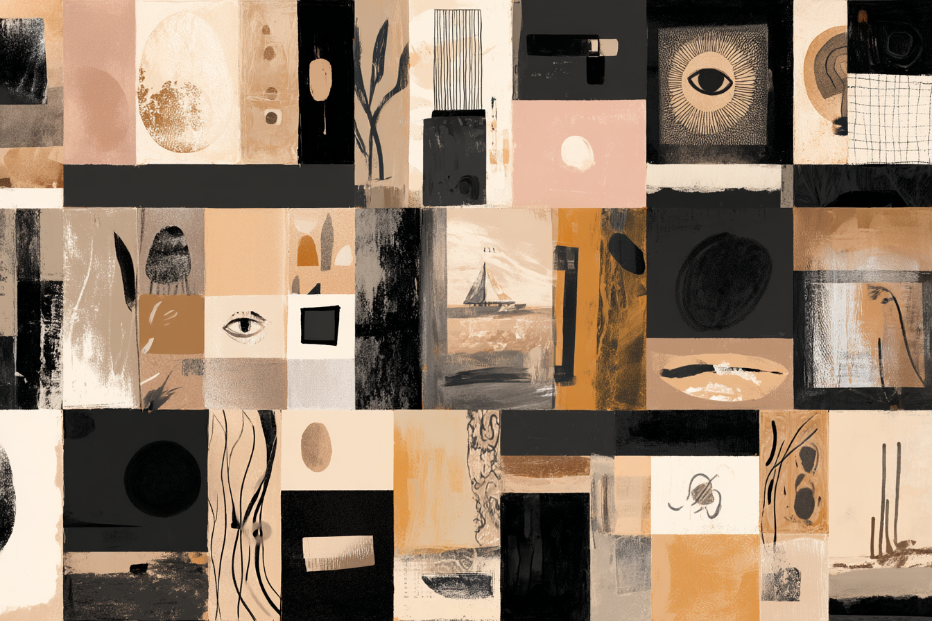 Collage Abstracte Kunst Mit Augen Pflanzenmotiven Erdtoenen Und Mustern | Collagen | Kunstgattungen