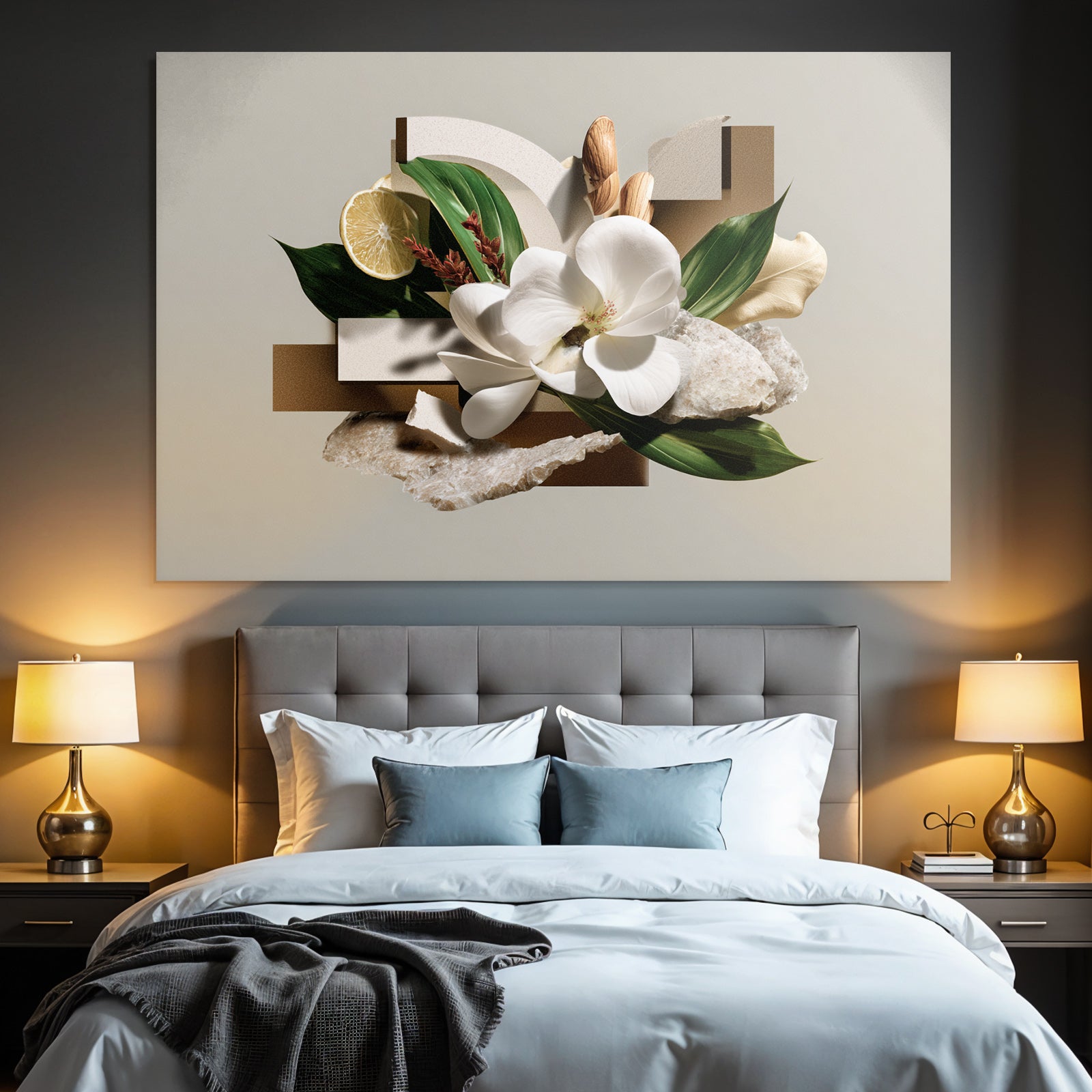 Digitale Collage Natur Geometrische Formen Blume Zitronenscheibe Steine