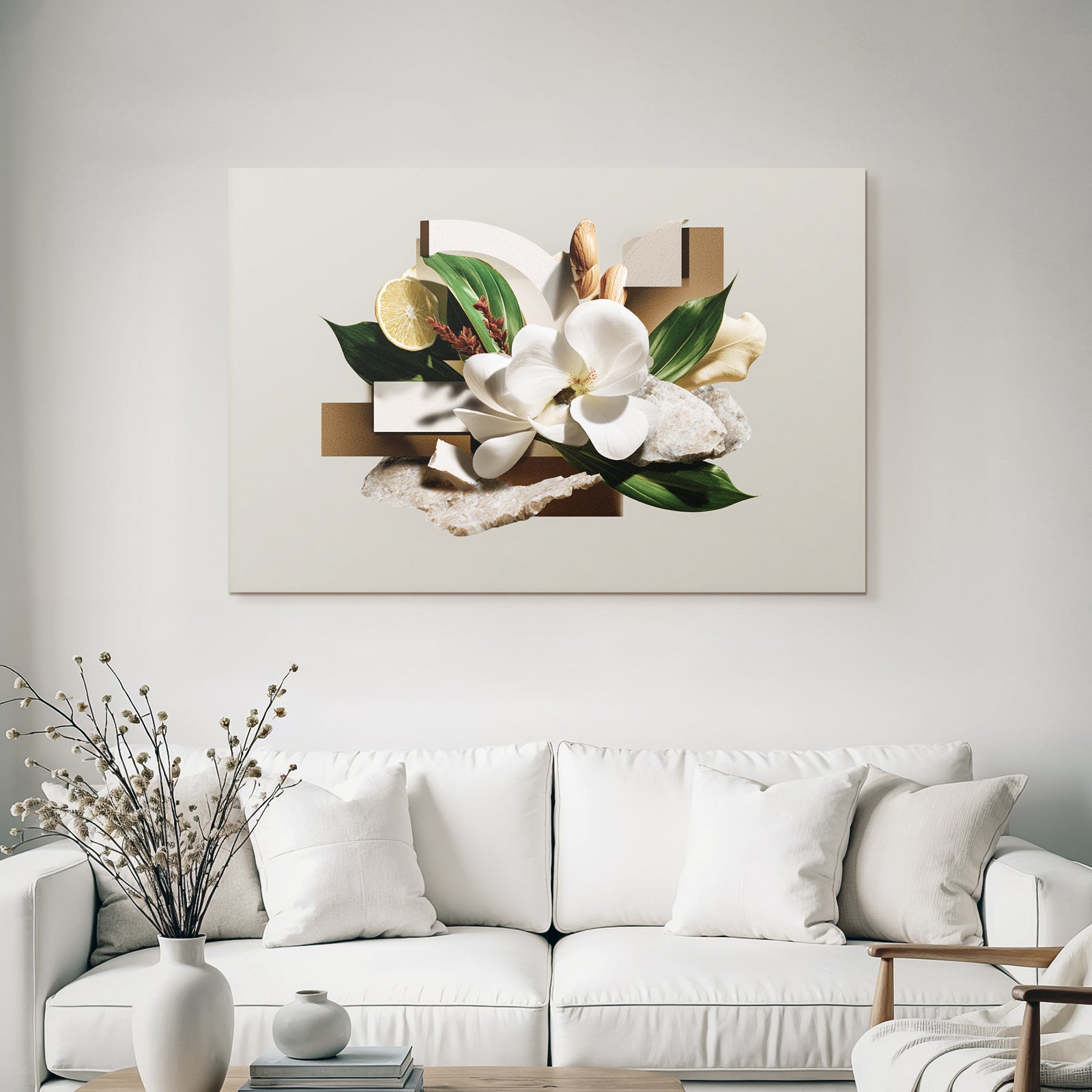 Digitale Collage Natur Geometrische Formen Blume Zitronenscheibe Steine