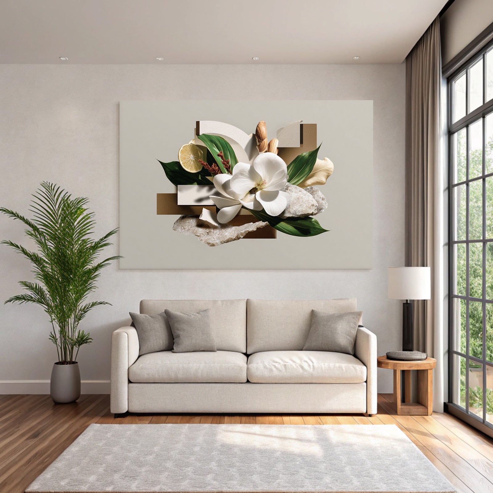Digitale Collage Natur Geometrische Formen Blume Zitronenscheibe Steine