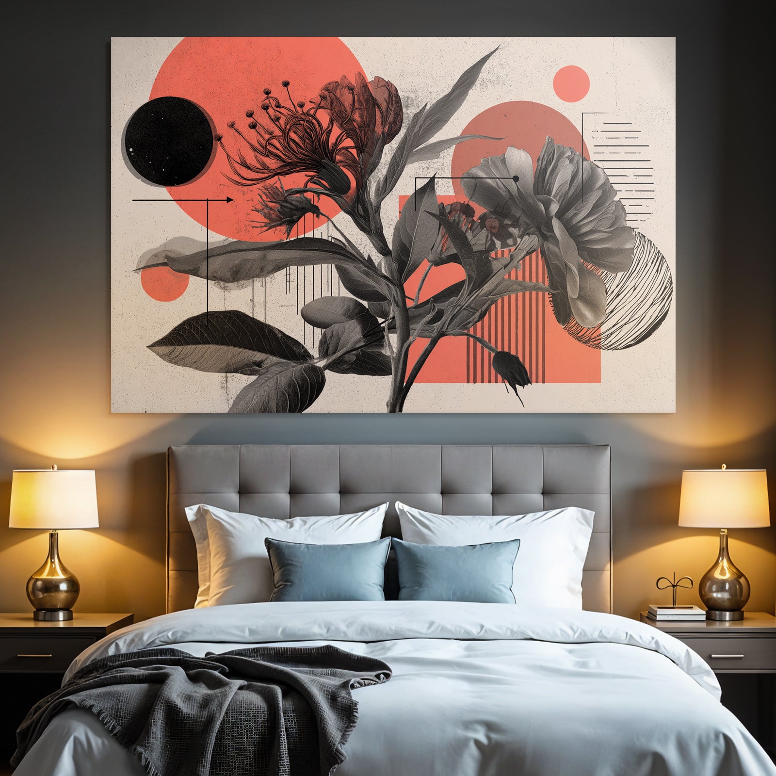 Florale Abstrakte Illustration Mit Geometrischen Formen Rot Grau Schwarz