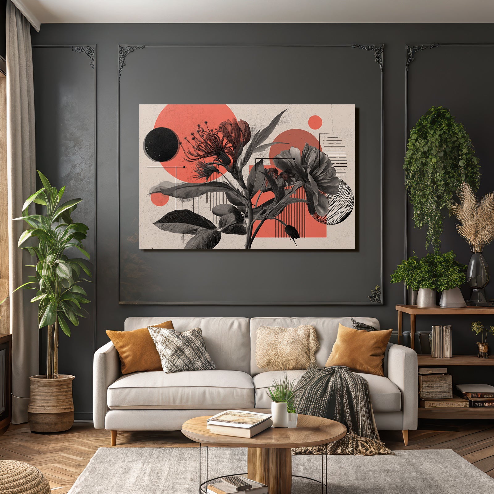 Florale Abstrakte Illustration Mit Geometrischen Formen Rot Grau Schwarz