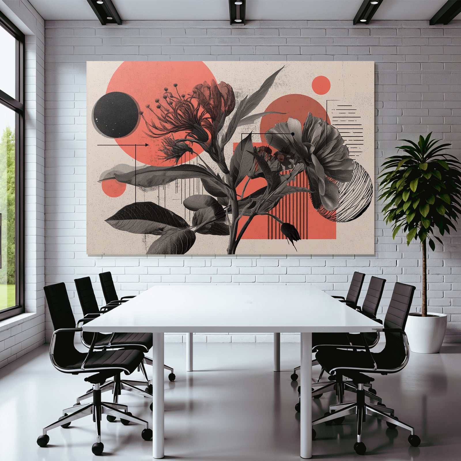 Florale Abstrakte Illustration Mit Geometrischen Formen Rot Grau Schwarz