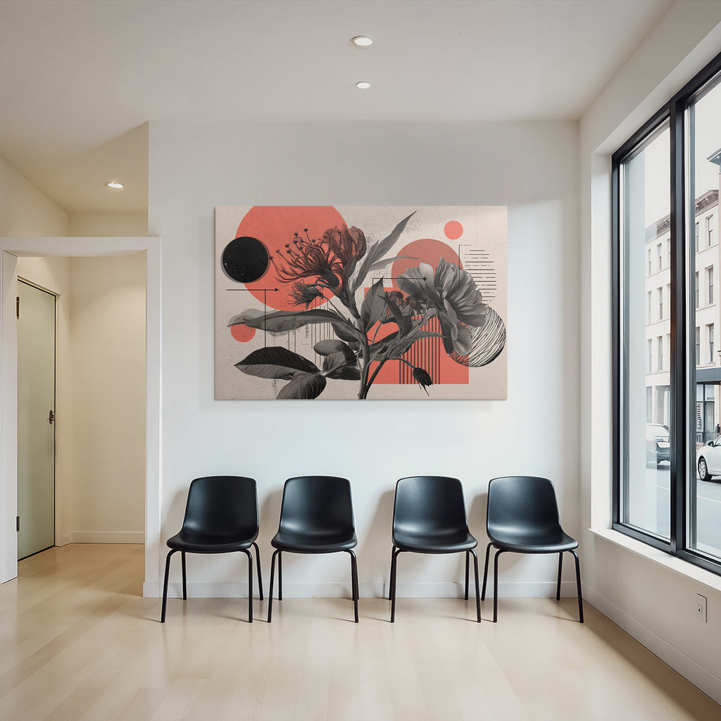 Florale Abstrakte Illustration Mit Geometrischen Formen Rot Grau Schwarz
