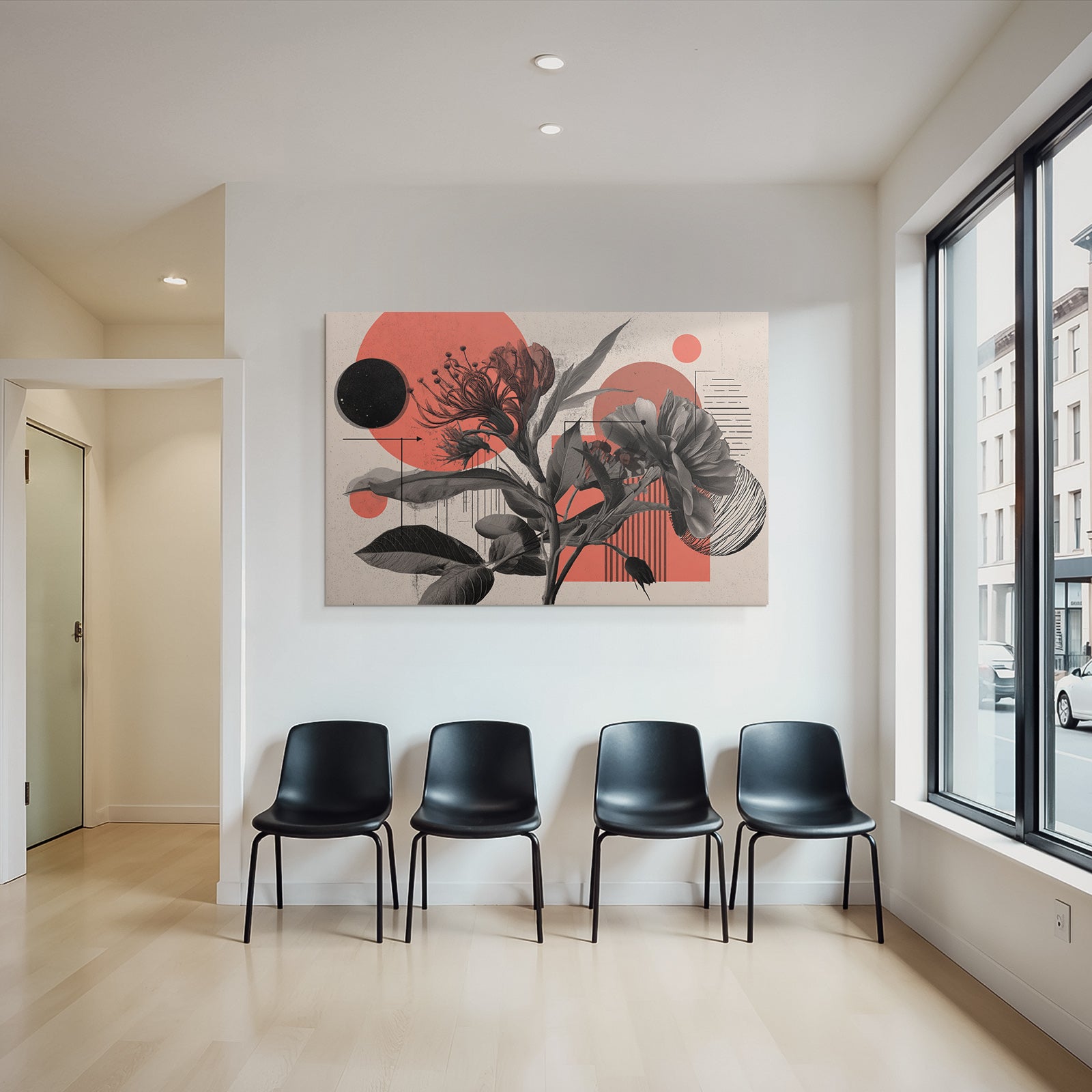 Florale Abstrakte Illustration Mit Geometrischen Formen Rot Grau Schwarz