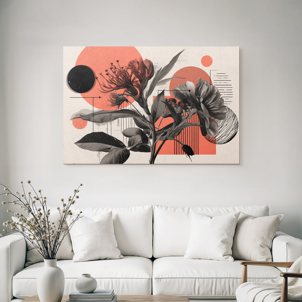 Florale Abstrakte Illustration Mit Geometrischen Formen Rot Grau Schwarz