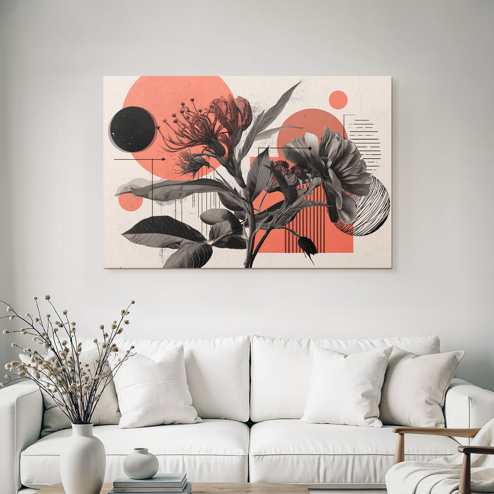 Florale Abstrakte Illustration Mit Geometrischen Formen Rot Grau Schwarz