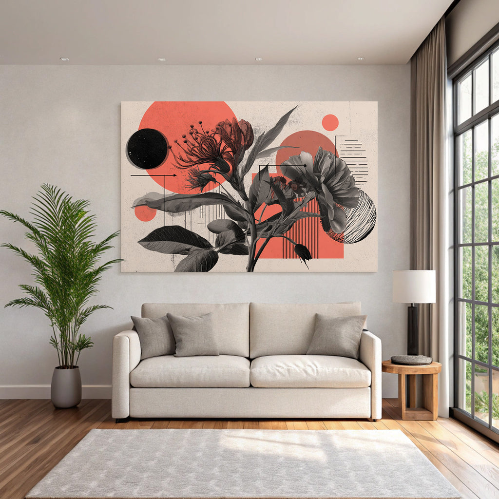 Florale Abstrakte Illustration Mit Geometrischen Formen Rot Grau Schwarz