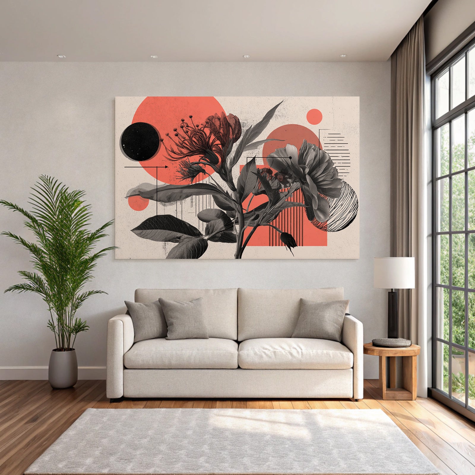 Florale Abstrakte Illustration Mit Geometrischen Formen Rot Grau Schwarz