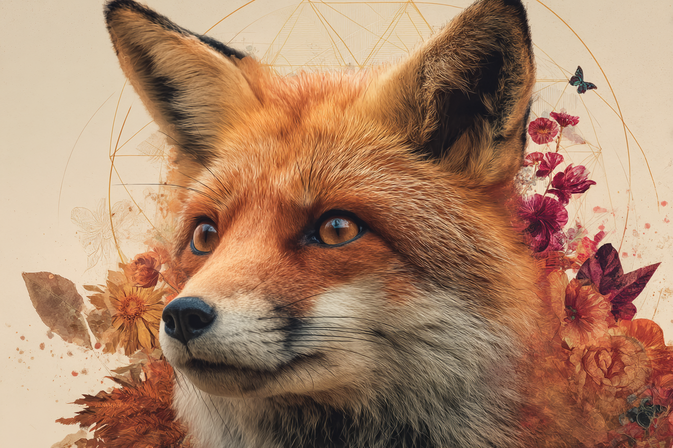Fox Portrait Mit Blumen Kunstvolle Darstellung | Collagen | Kunstgattungen