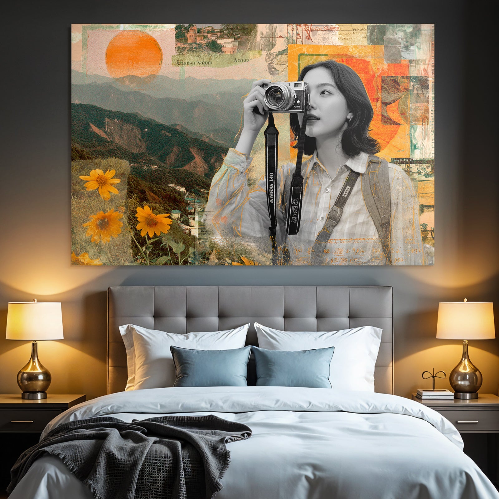 Frau Mit Kamera In Natur Collage Kreativitaet Exploration