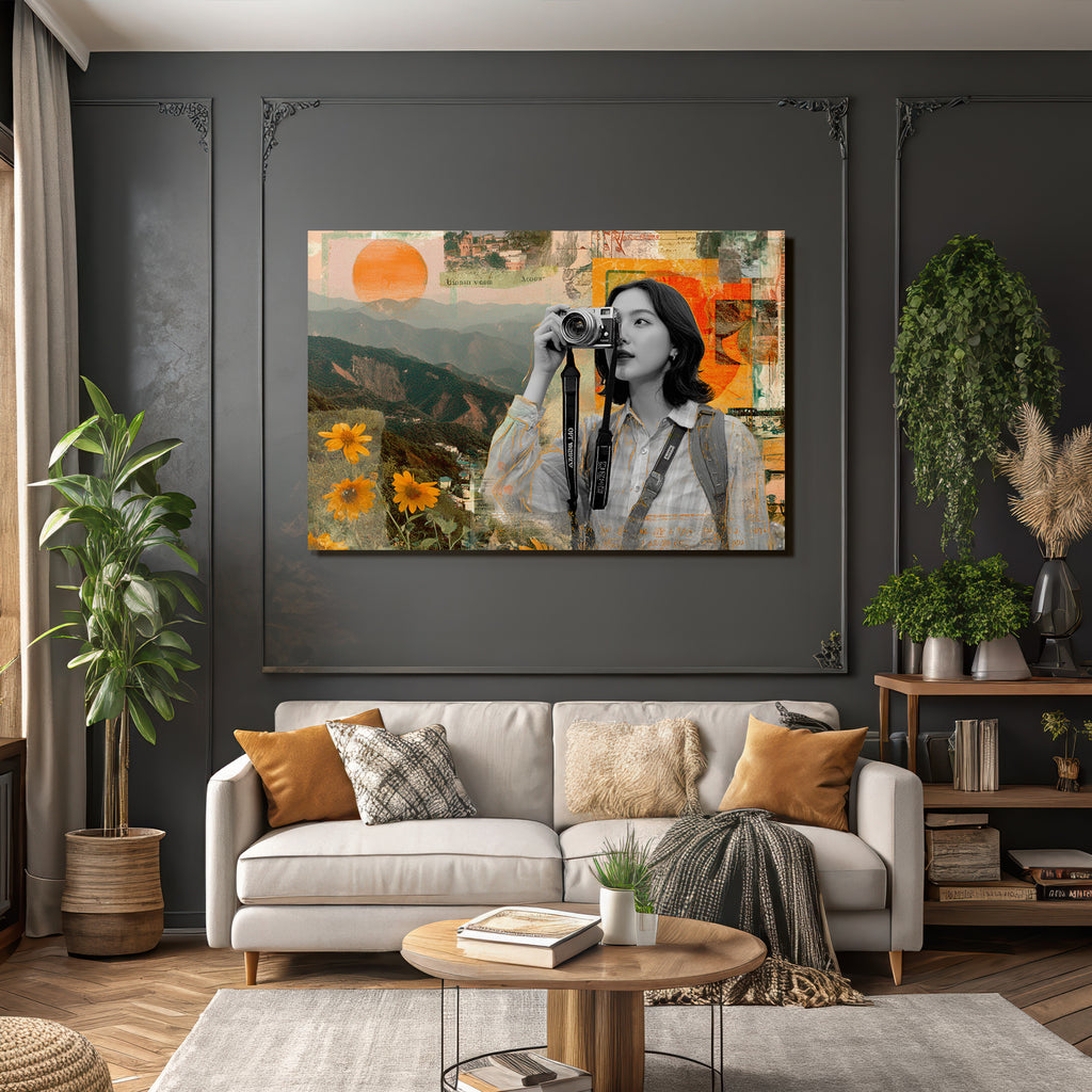 Frau Mit Kamera In Natur Collage Kreativitaet Exploration
