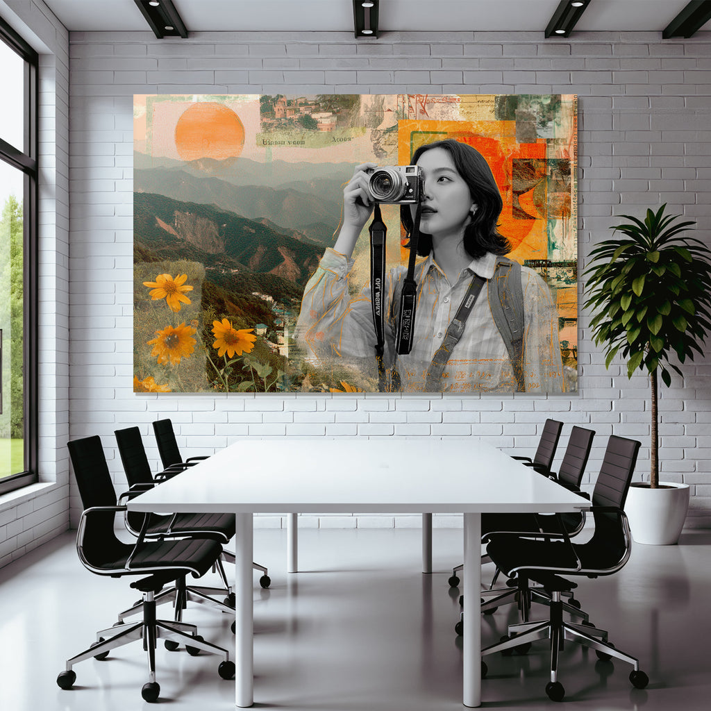Frau Mit Kamera In Natur Collage Kreativitaet Exploration
