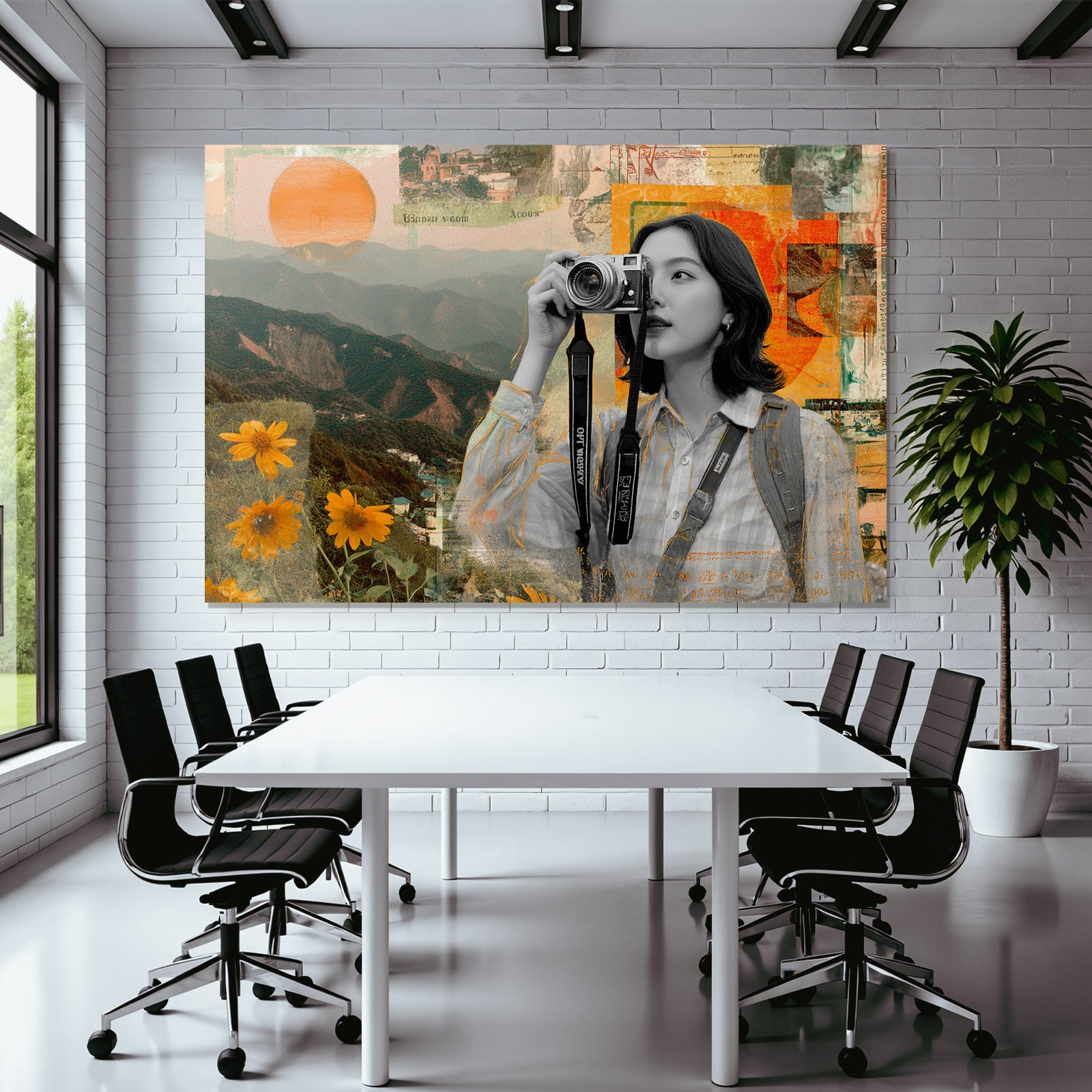 Frau Mit Kamera In Natur Collage Kreativitaet Exploration