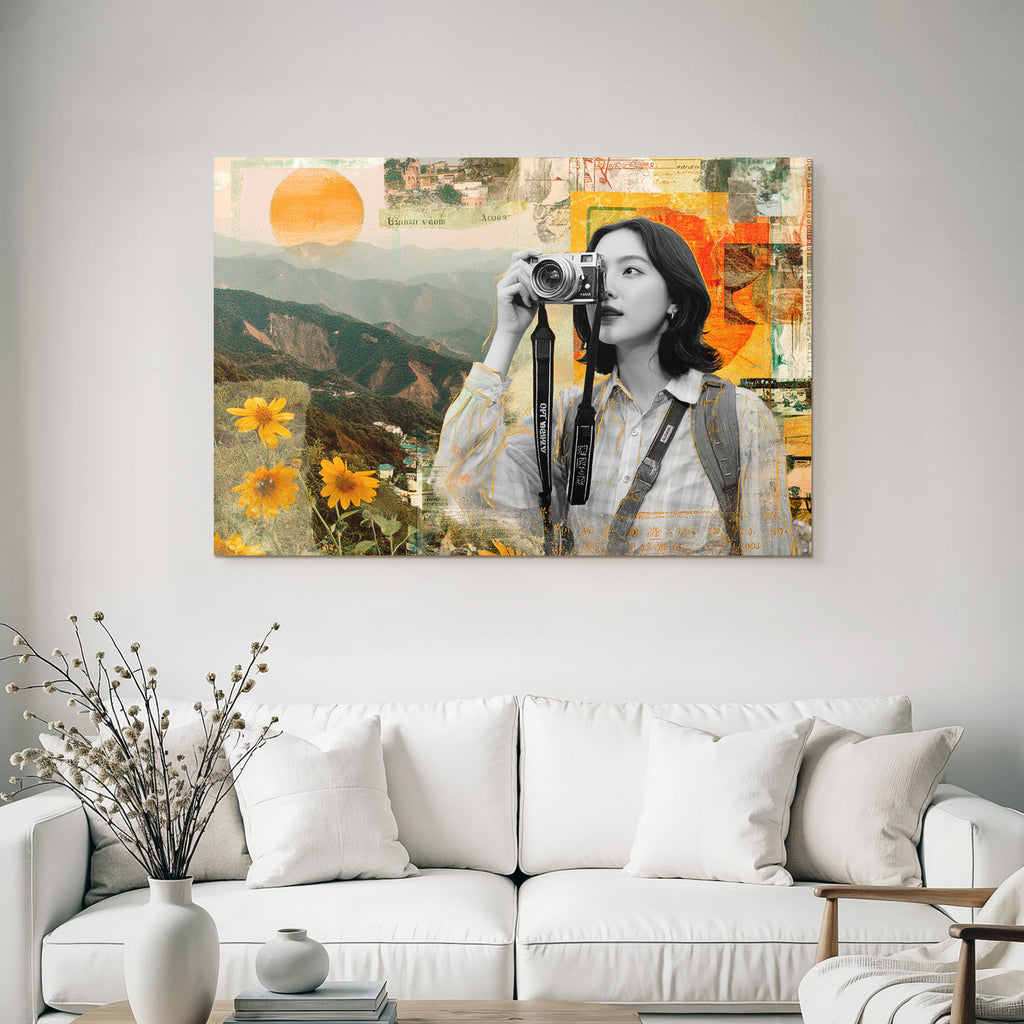 Frau Mit Kamera In Natur Collage Kreativitaet Exploration