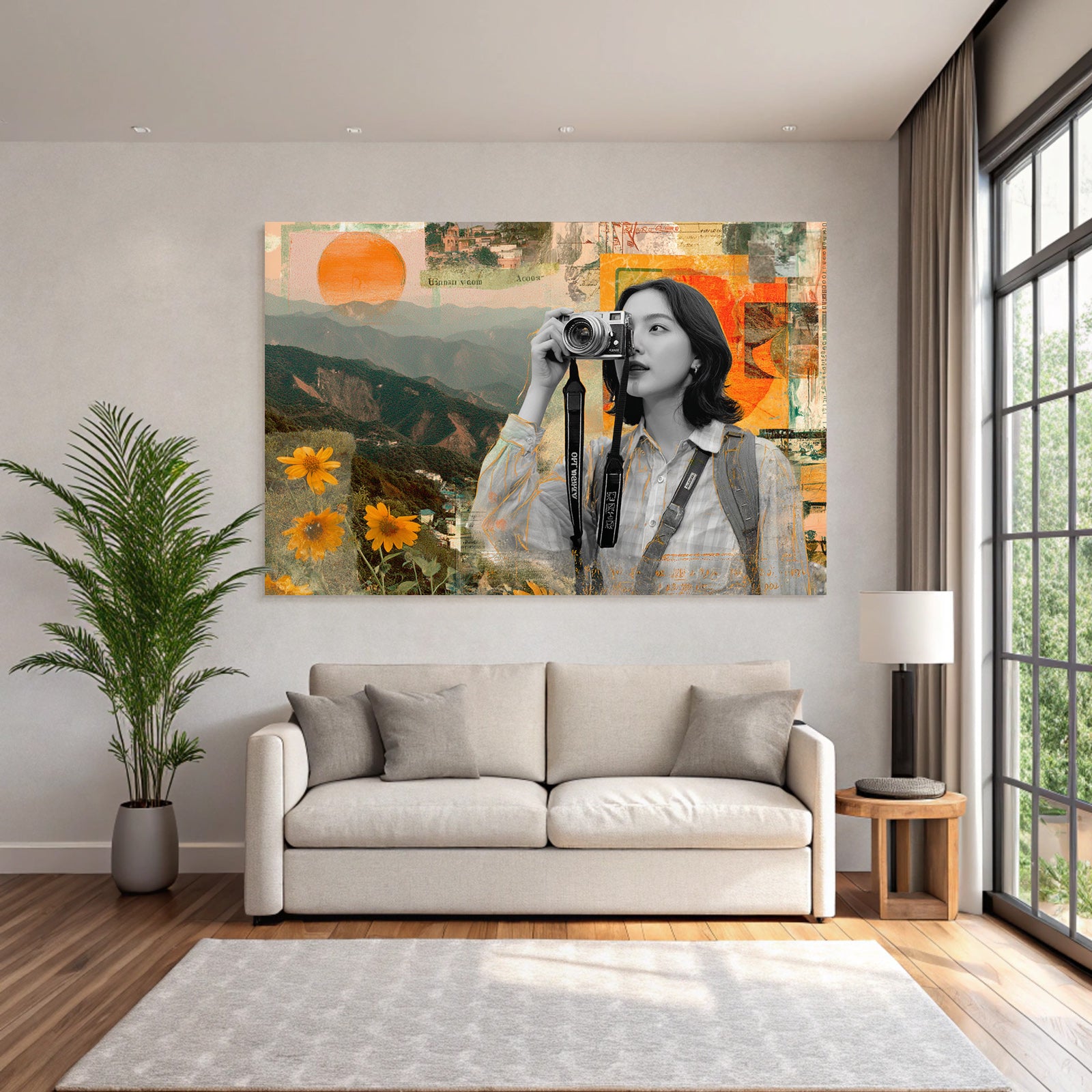 Frau Mit Kamera In Natur Collage Kreativitaet Exploration