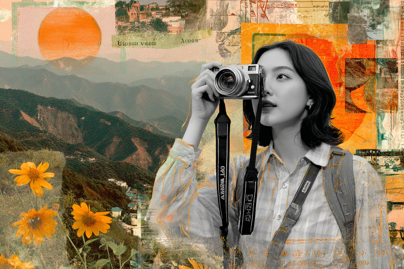 Frau Mit Kamera In Natur Collage Kreativitaet Exploration | Collagen | Kunstgattungen