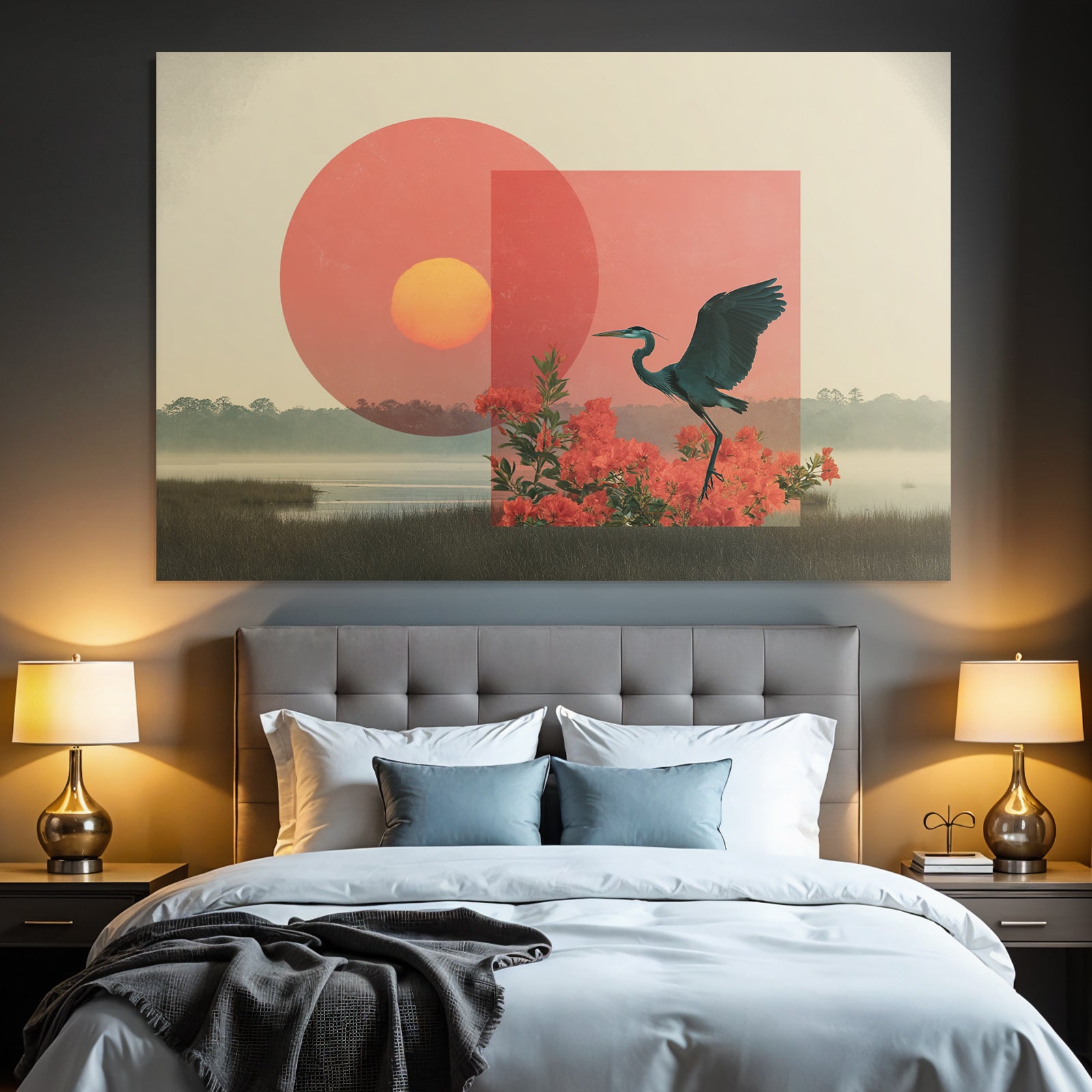 Friedliche Natur Mit Heron Und Abstrakten Formen