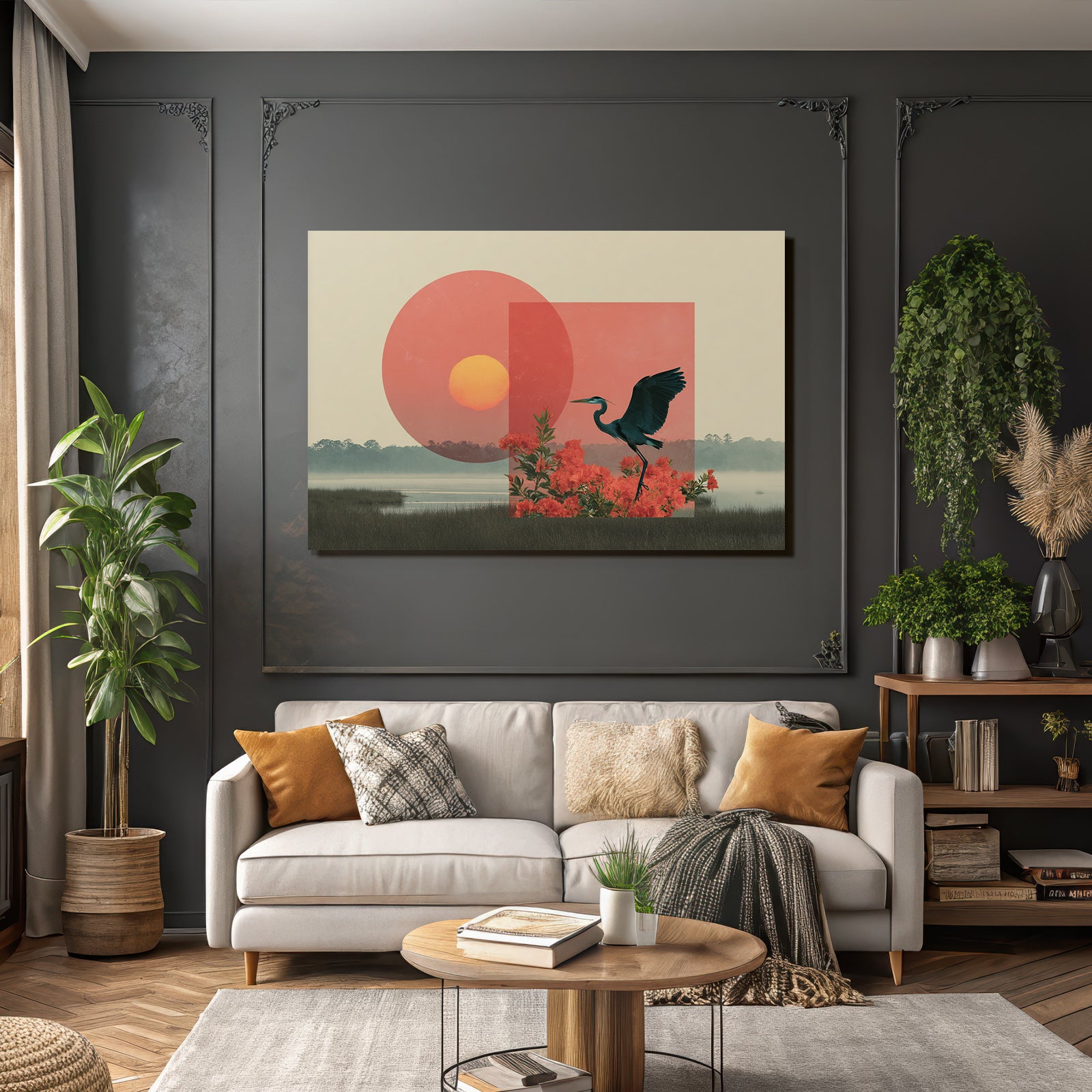 Friedliche Natur Mit Heron Und Abstrakten Formen