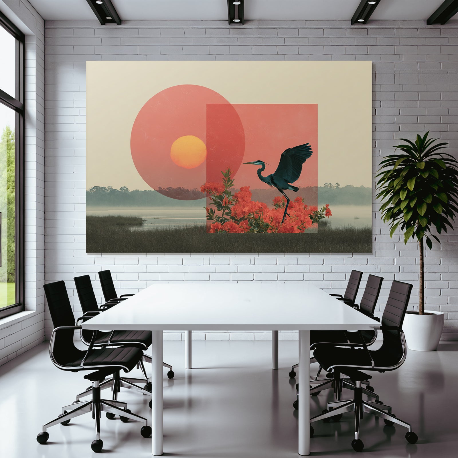 Friedliche Natur Mit Heron Und Abstrakten Formen