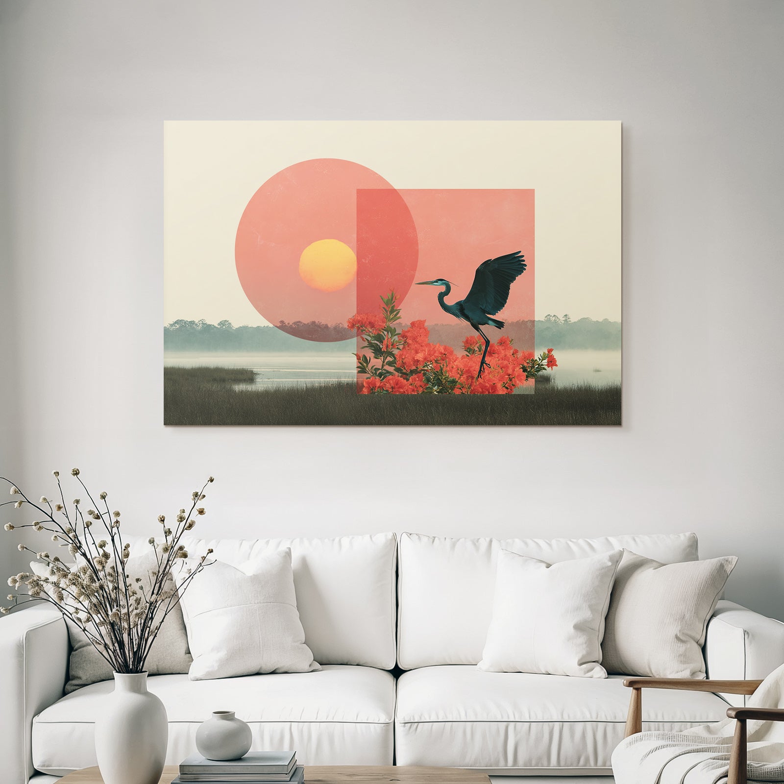 Friedliche Natur Mit Heron Und Abstrakten Formen