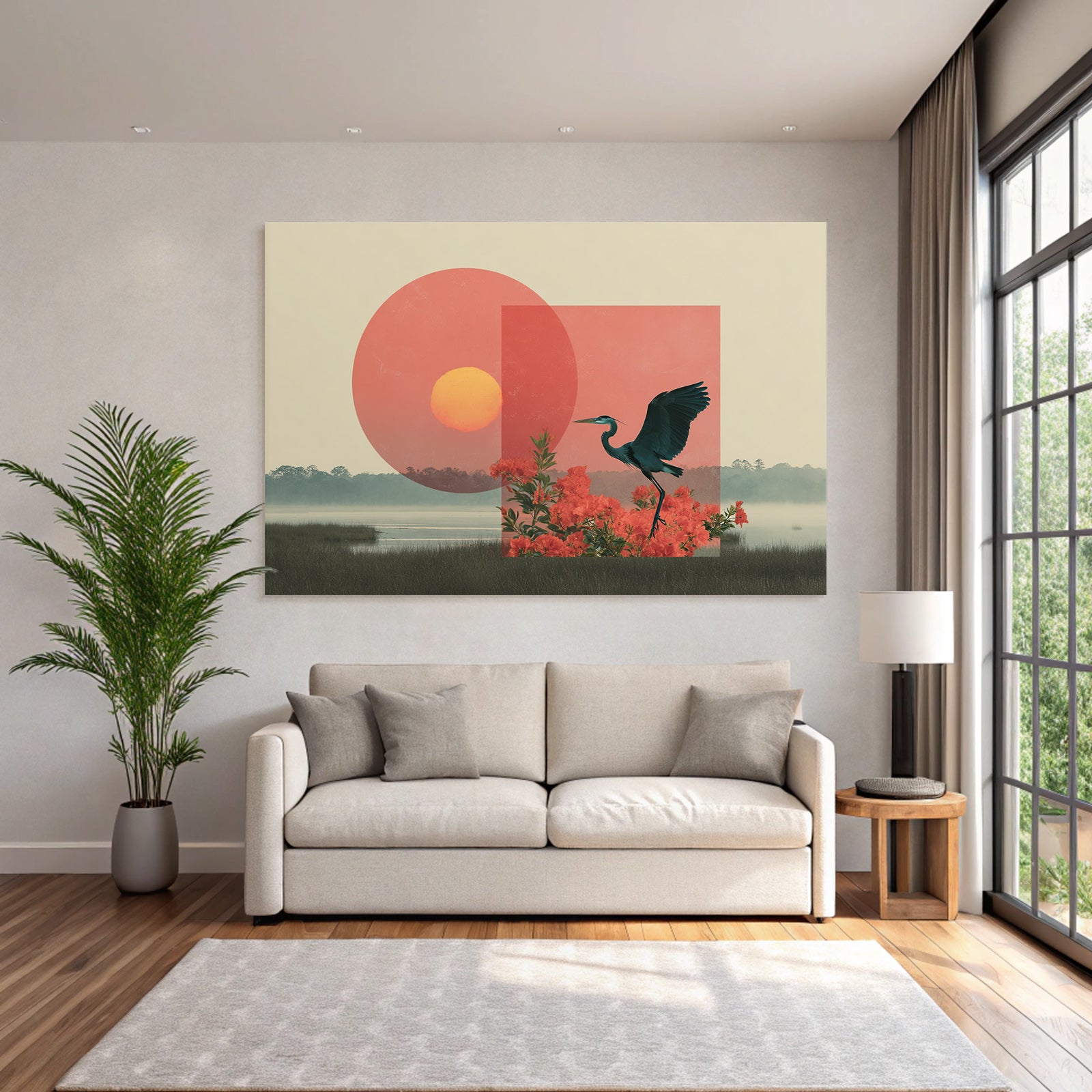 Friedliche Natur Mit Heron Und Abstrakten Formen
