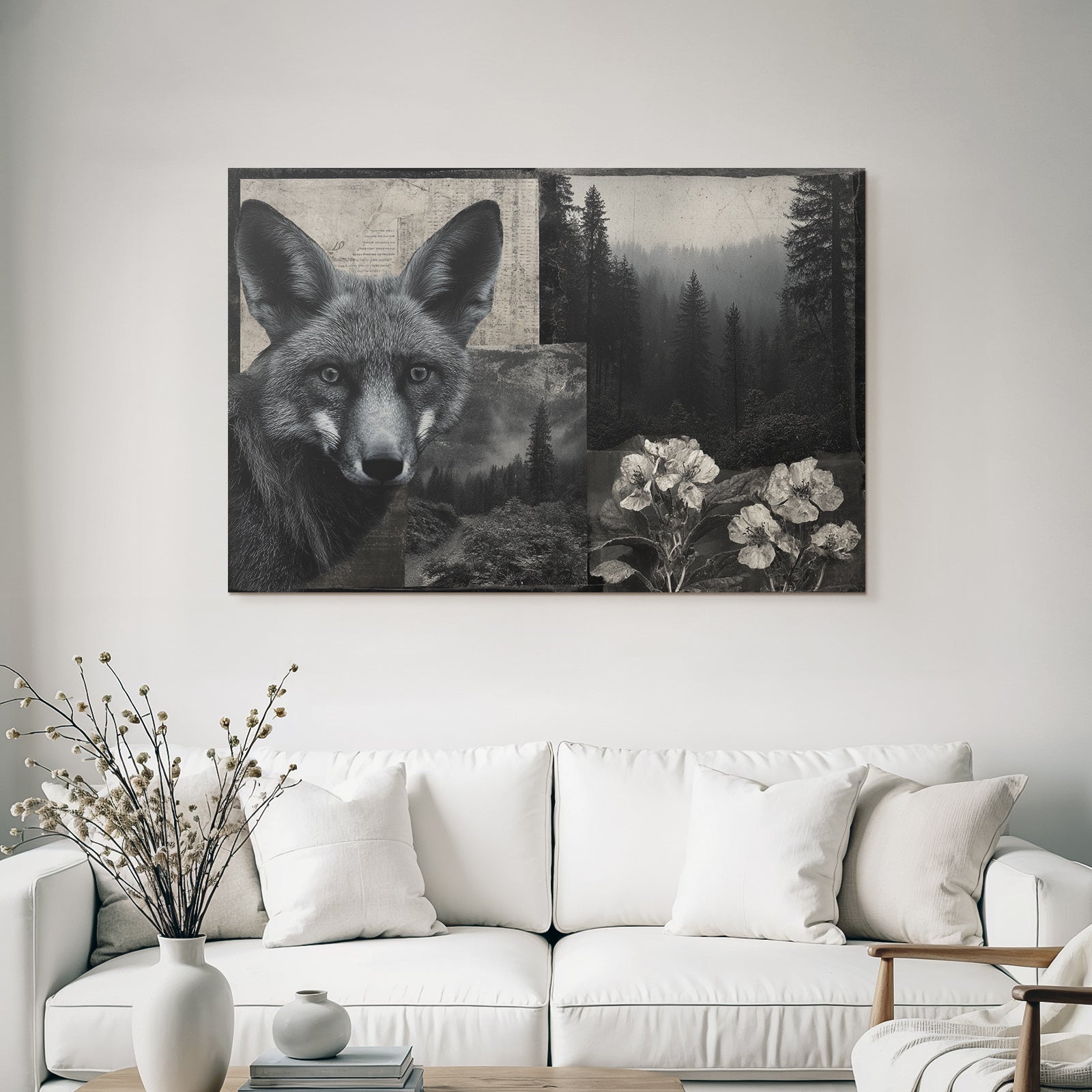 Fuechse Im Wald Collage Monochrom Kunst Vintage