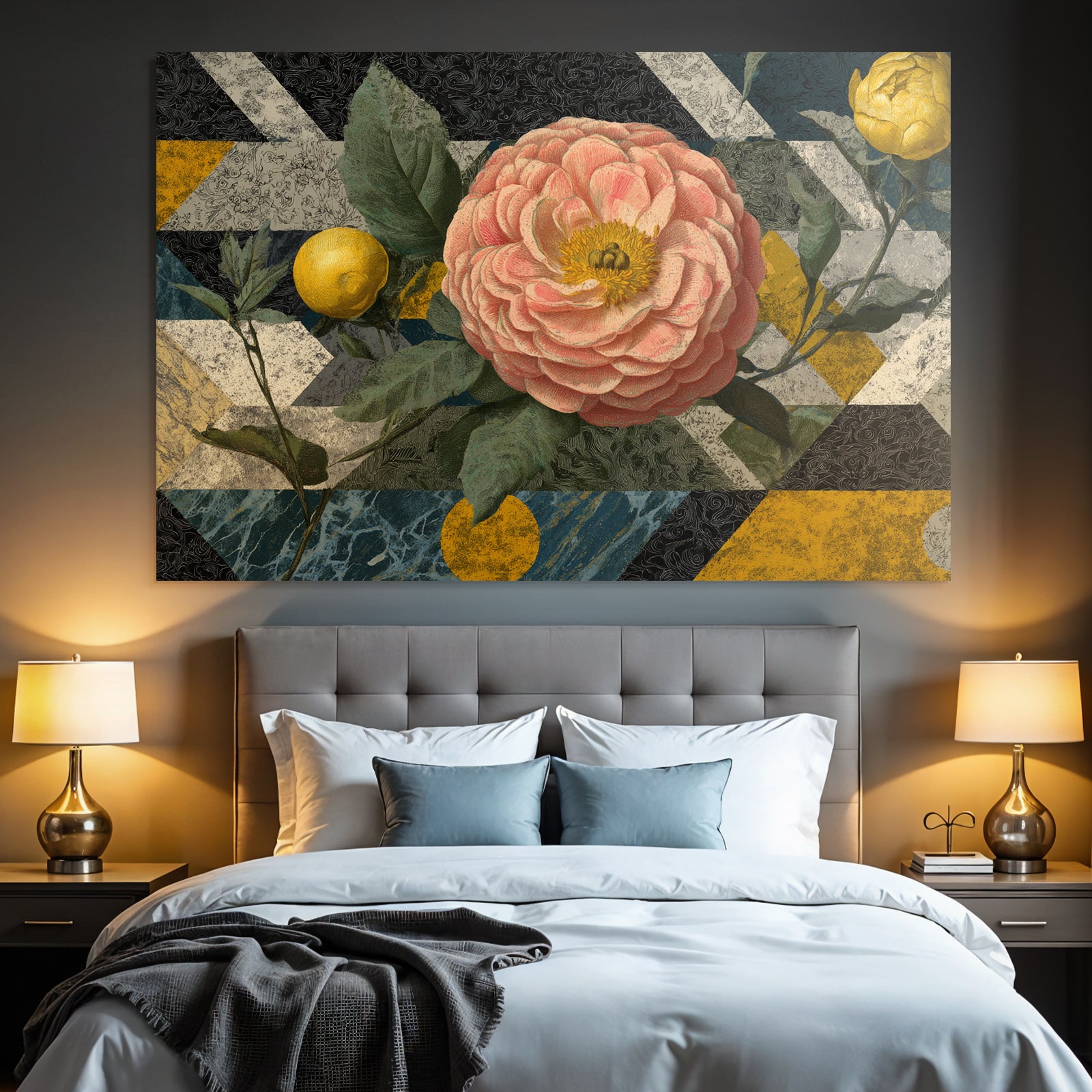 Grosse Rosa Blume Mit Gelbem Frucht Im Geometrischen Design