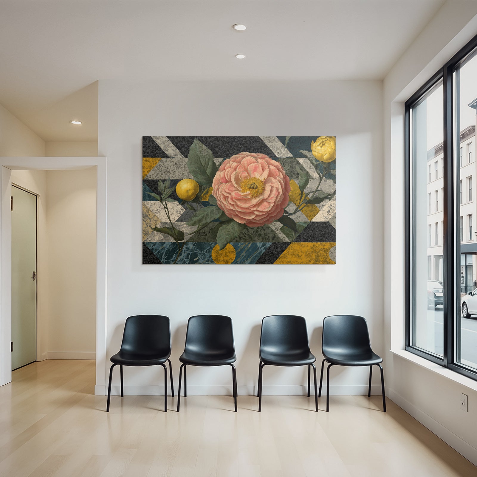 Grosse Rosa Blume Mit Gelbem Frucht Im Geometrischen Design
