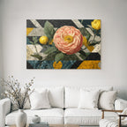 Grosse Rosa Blume Mit Gelbem Frucht Im Geometrischen Design