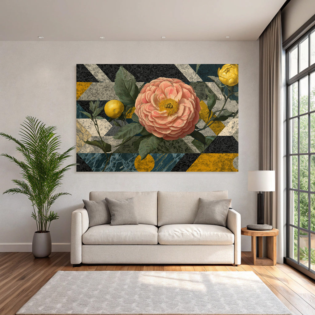 Grosse Rosa Blume Mit Gelbem Frucht Im Geometrischen Design