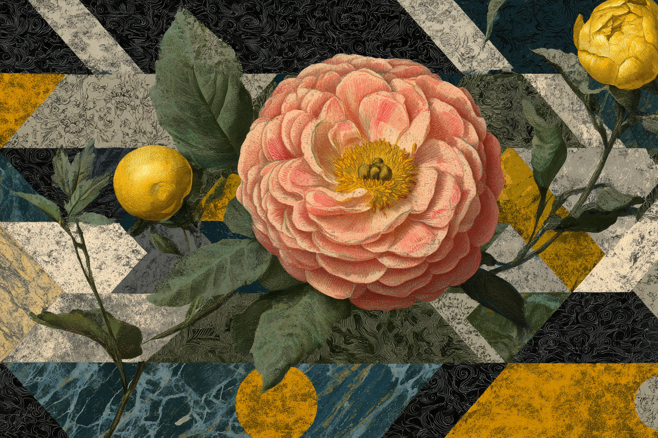 Grosse Rosa Blume Mit Gelbem Frucht Im Geometrischen Design | Collagen | Kunstgattungen