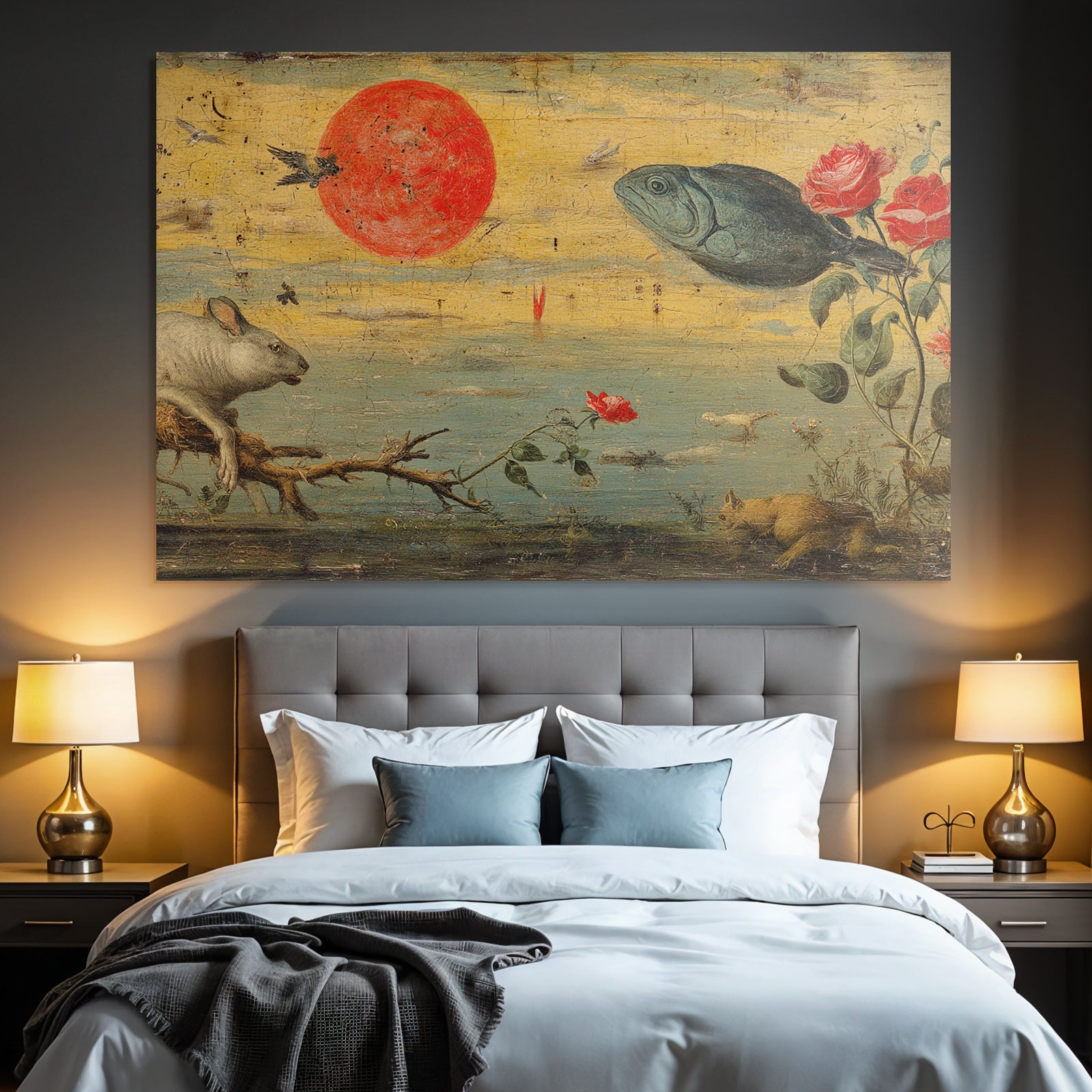 Grosse Rote Sonne Fisch Hase Rosen Surrealistische Malerei