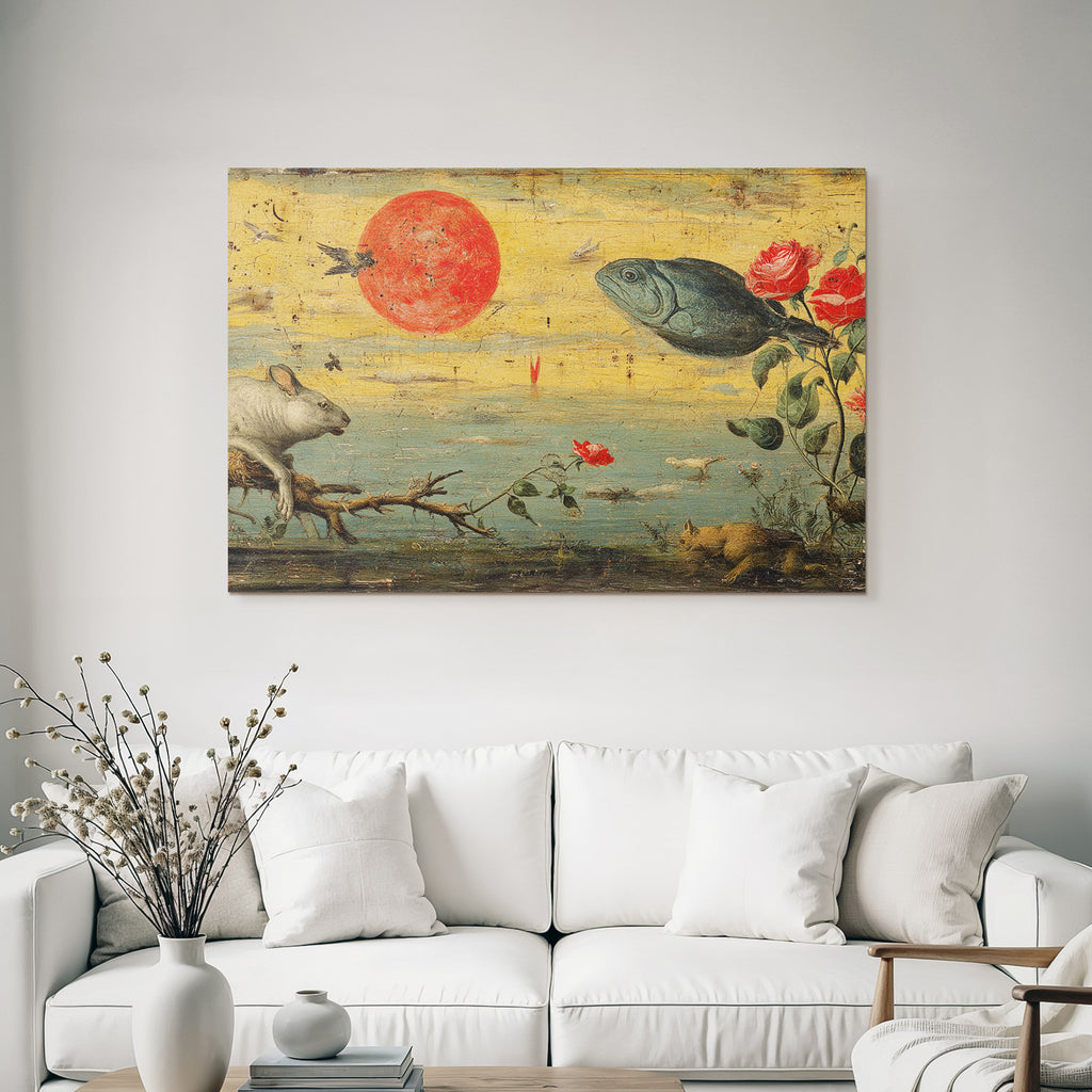 Grosse Rote Sonne Fisch Hase Rosen Surrealistische Malerei