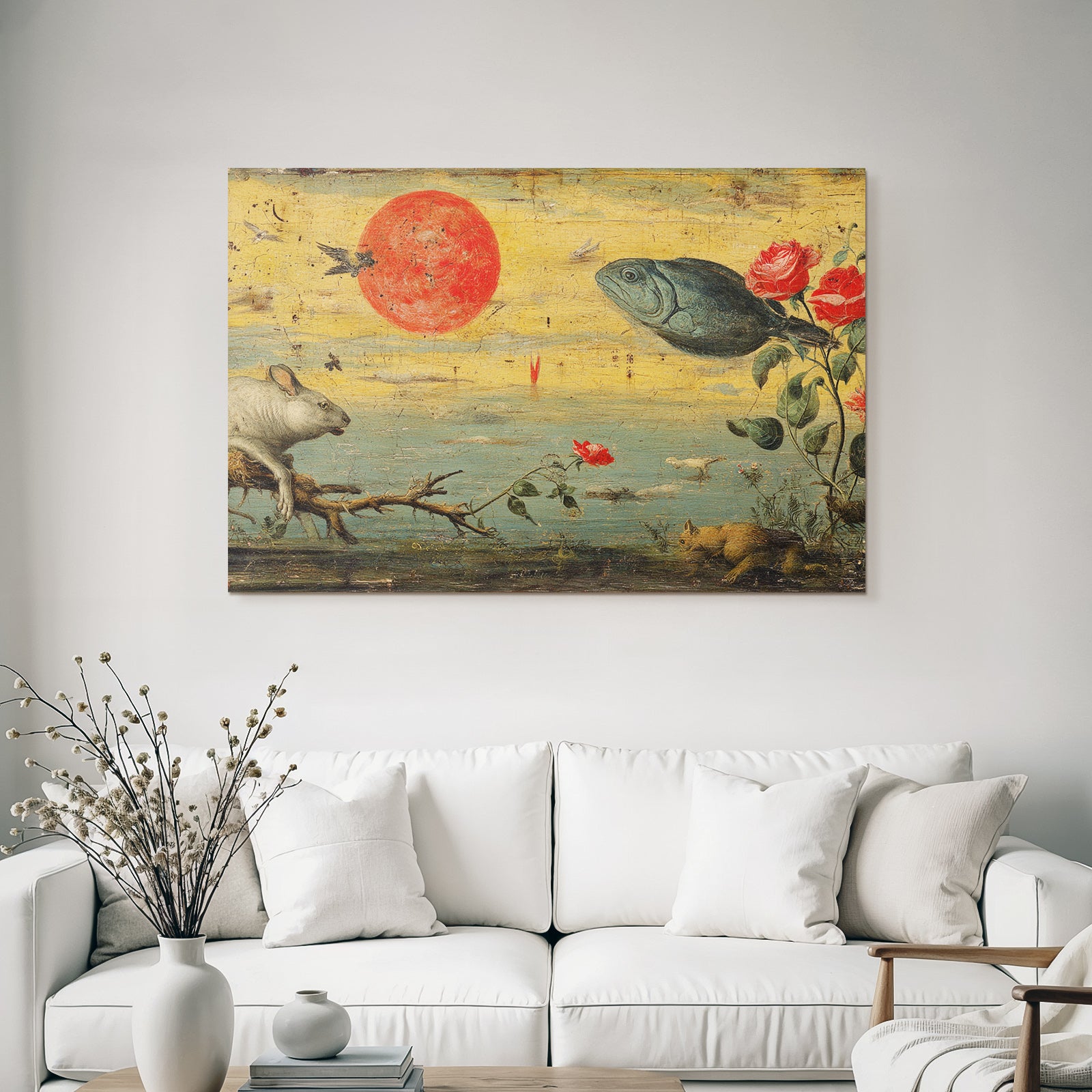 Grosse Rote Sonne Fisch Hase Rosen Surrealistische Malerei