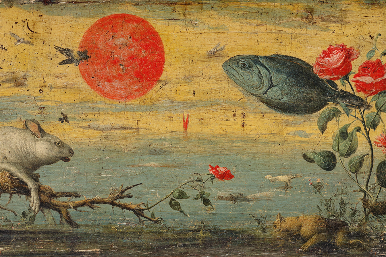 Grosse Rote Sonne Fisch Hase Rosen Surrealistische Malerei | Collagen | Kunstgattungen
