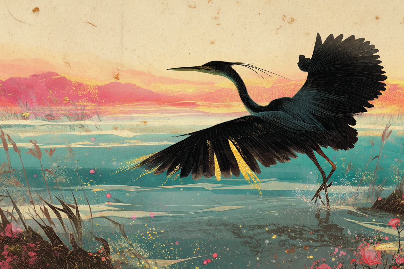 Heron Im Behaviour Abend Sonnenuntergang Reflexion Natur Szenen | Collagen | Kunstgattungen