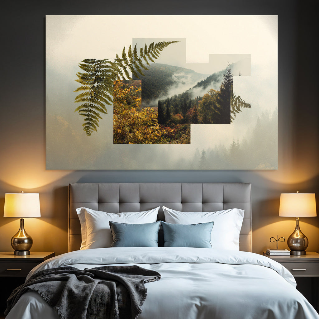 Natur Collage Beruhigende Landschaft Mit Baeumen Nebel Und Farnen