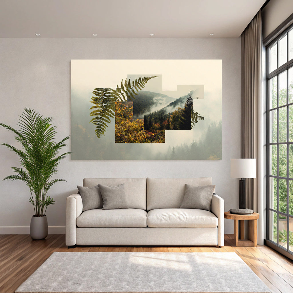 Natur Collage Beruhigende Landschaft Mit Baeumen Nebel Und Farnen